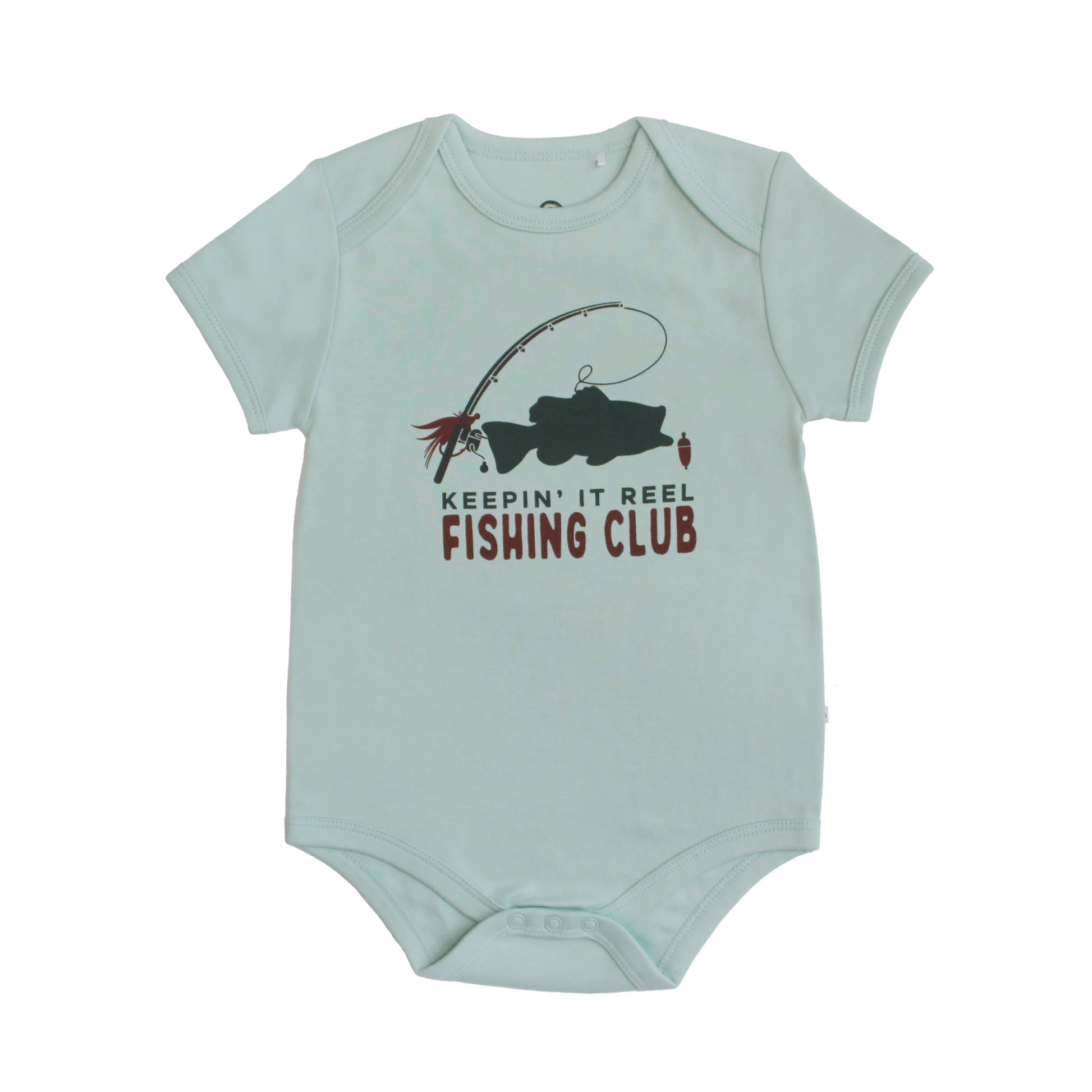 blue cotton bodysuit with graphic in the middle on white background. 