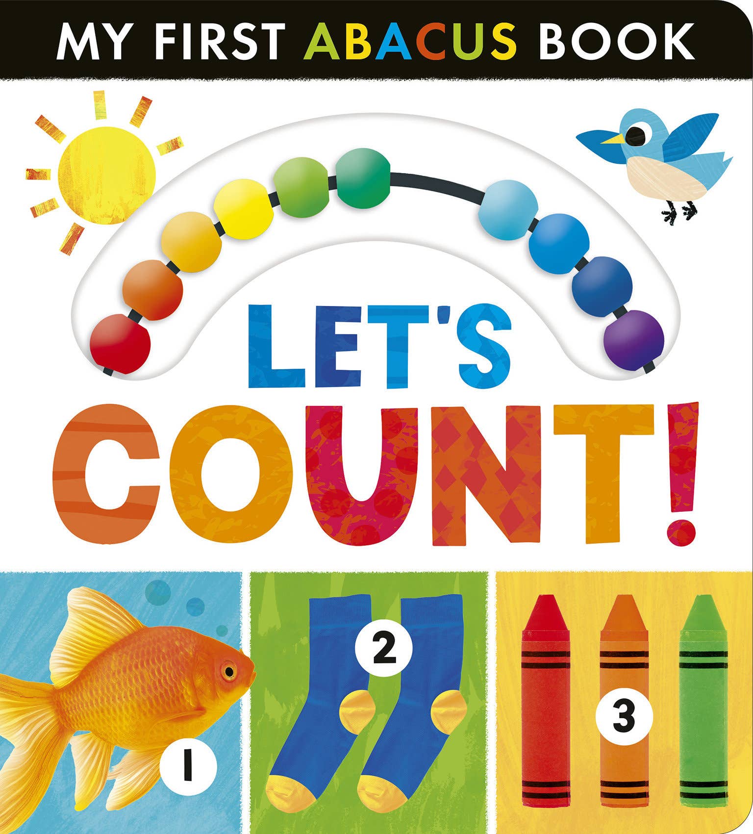 Book cover of 'My First Abacus Book: Let's Count!' with colorful illustrations and numbers.