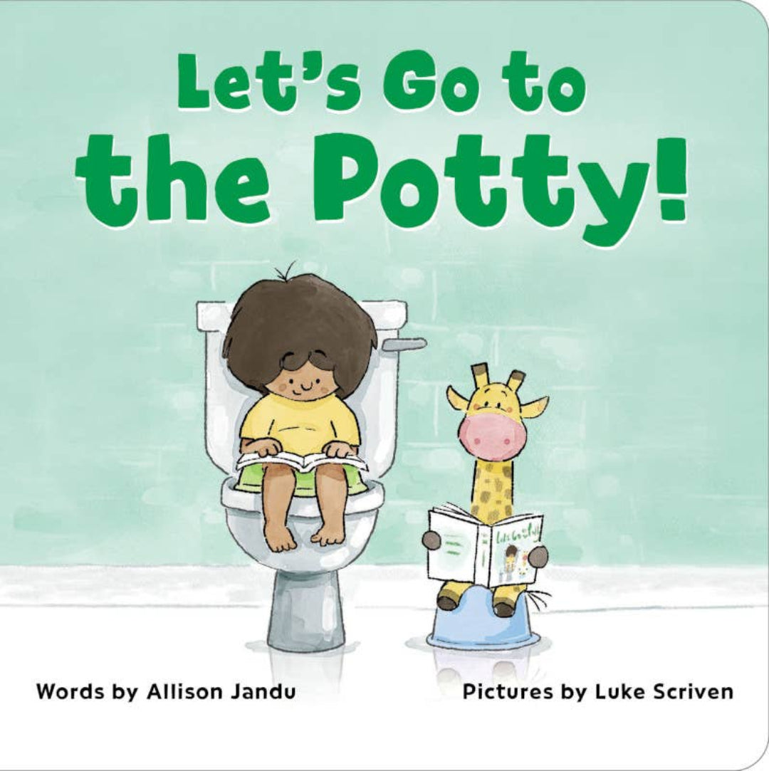 small child sitting on the toilet with a giraffe on a toilet next to her