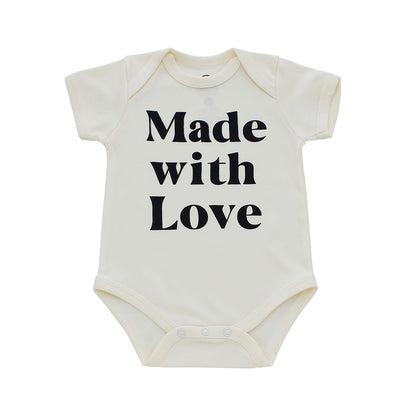 Baby bodysuit with 'Made with Love' text on a white background