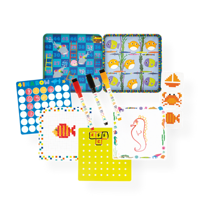 Educational children's activity set with colorful mats and markers on a white background