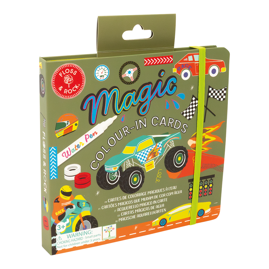 Box of 'Magic Colour-In Cards' with racing car design on a white background