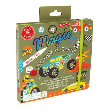 Box of 'Magic Colour-In Cards' with racing car design on a white background