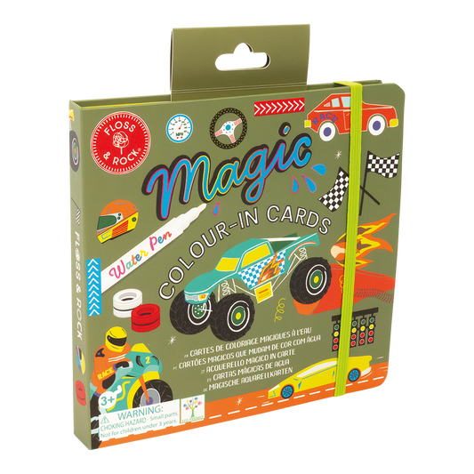 Box of 'Magic Colour-In Cards' with racing car design on a white background