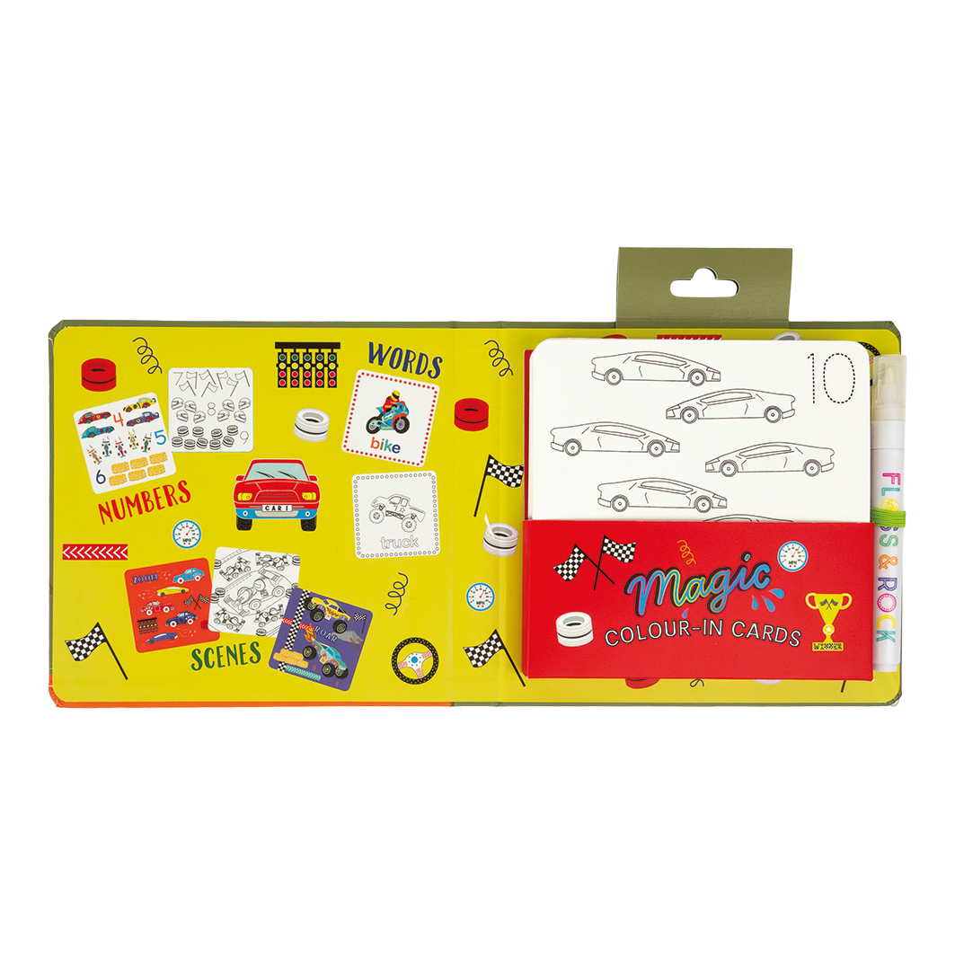 Packaging of Magic Colour-in Cards with colorful design on a white background