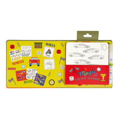 Packaging of Magic Colour-in Cards with colorful design on a white background