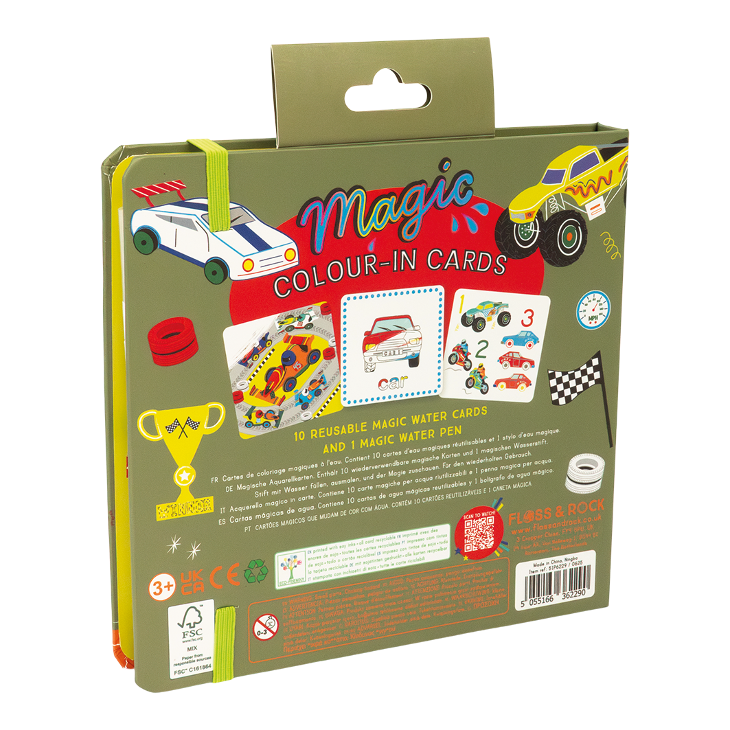 Packaging of Magic Colour-In Cards with illustrations of cars and a water pen.