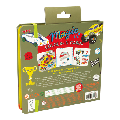 Packaging of Magic Colour-In Cards with illustrations of cars and a water pen.