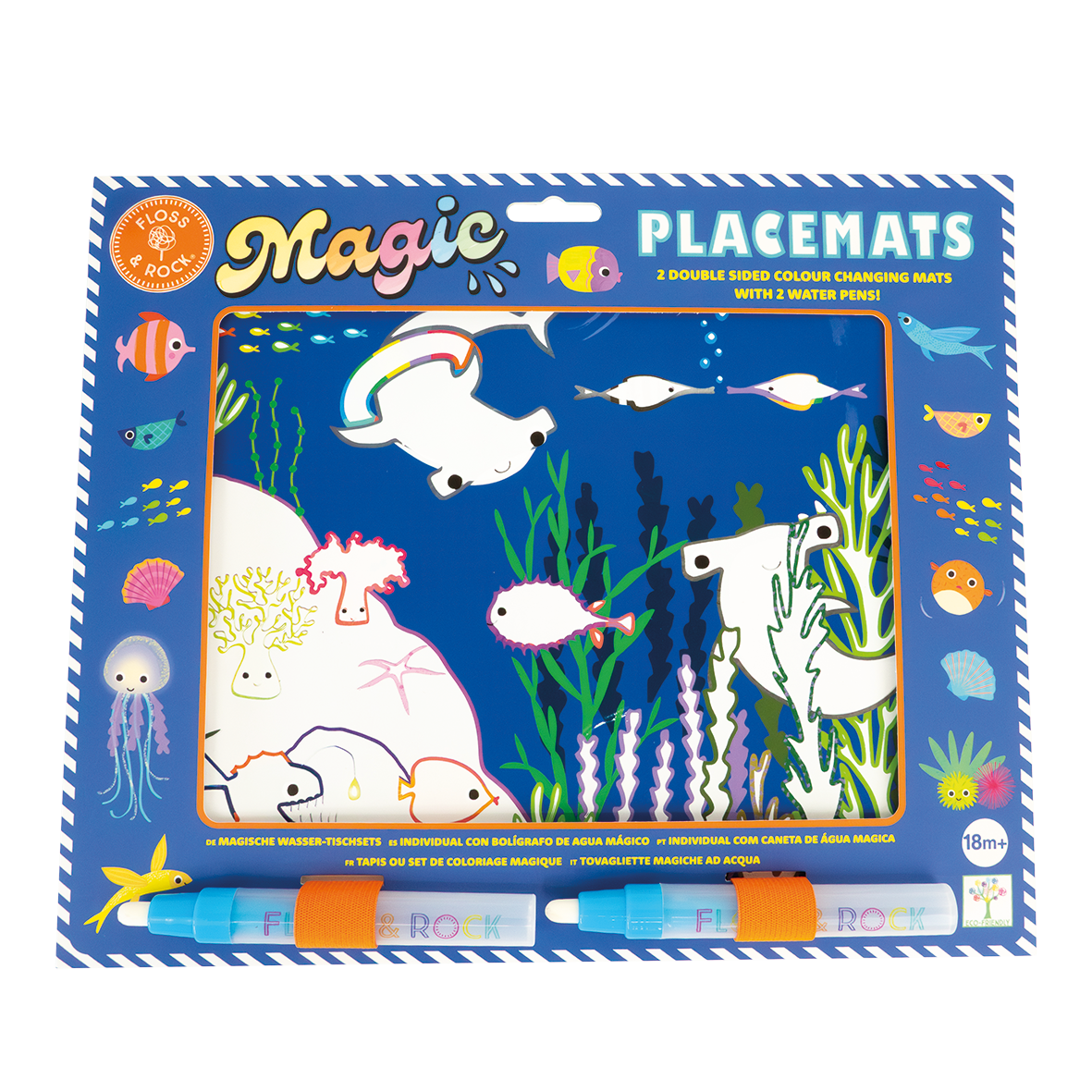 Packaging of Magic Placemats with underwater design and water pens.