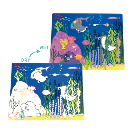 Two colorful placemats with underwater scenes and animals, one labeled 'Wet' and the other 'Dry'.