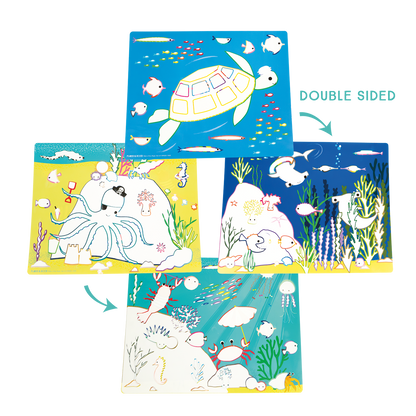 Double-sided educational poster with sea-themed illustrations on a white background