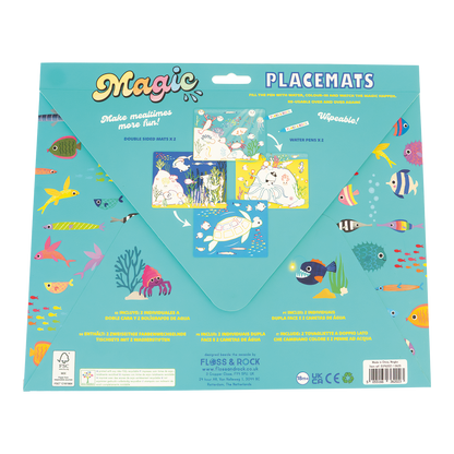 Pack of Magic Placemats with underwater animal designs on a blue background