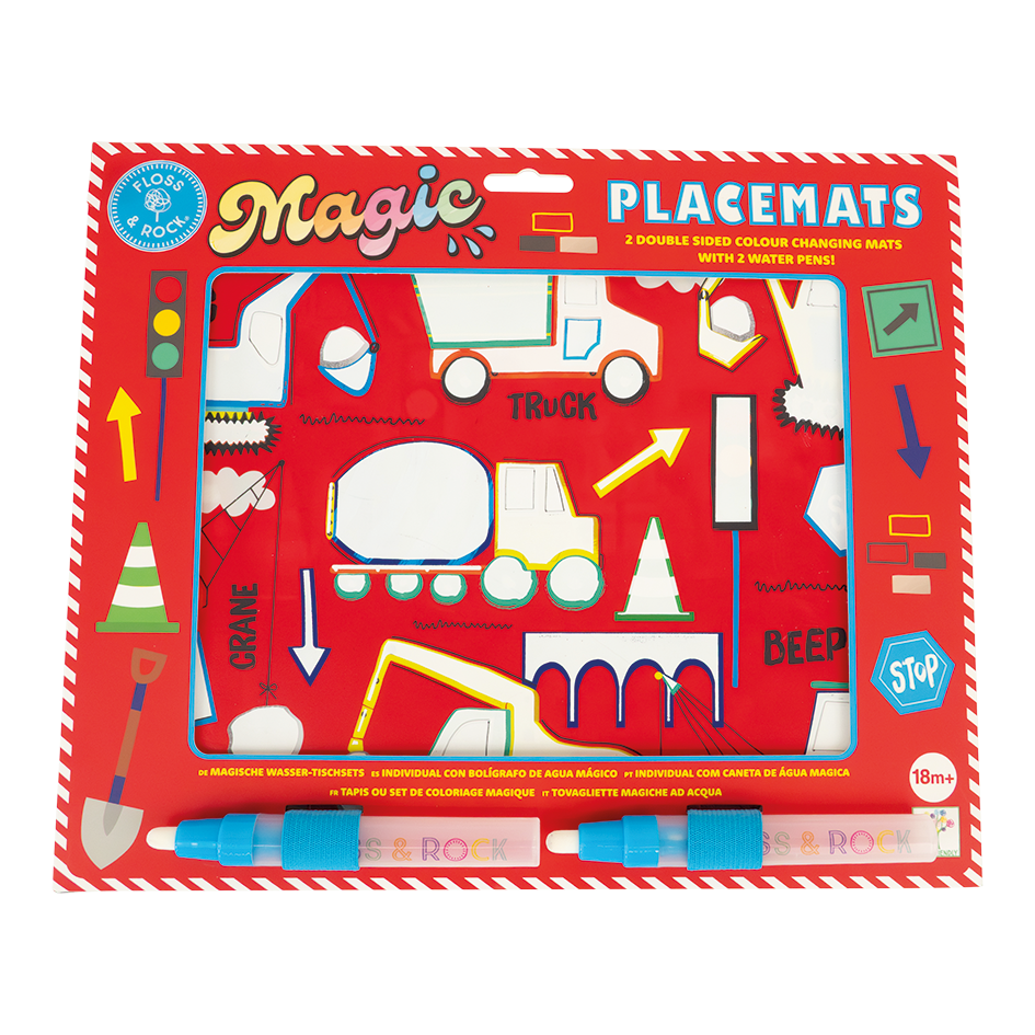 Packaging of Magic Placemats with colorful designs on a red background
