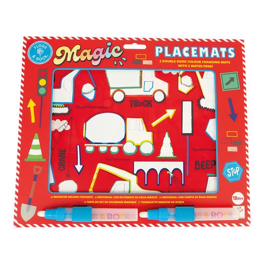 Packaging of Magic Placemats with colorful designs on a red background