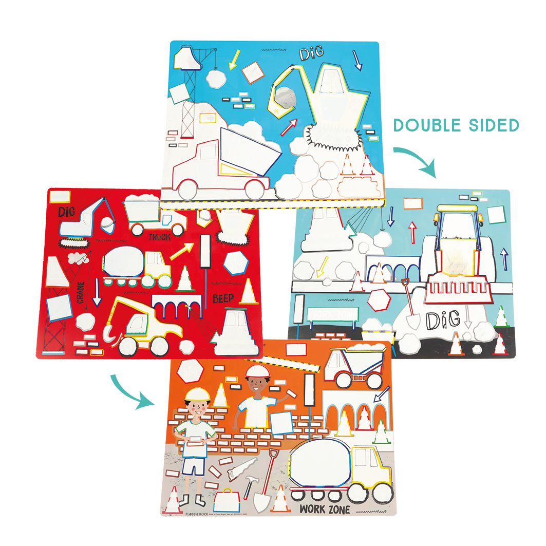 Double-sided children's play mat with construction and truck designs on a white background.