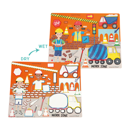 Two construction-themed educational mats with workers, trucks, and traffic cones on an orange background.