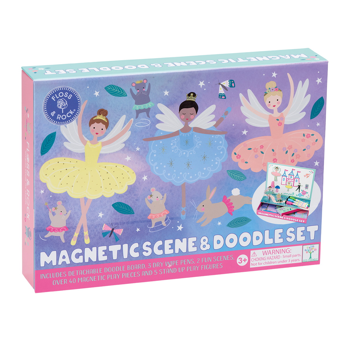 Box of a magnetic scene and doodle set with fairy characters on a purple background