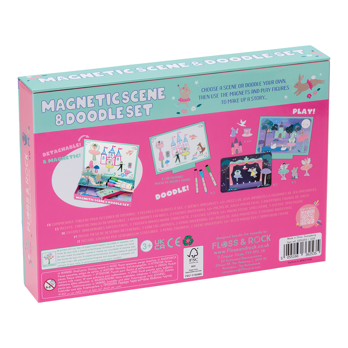 Box for a magnetic scene and doodle set with illustrations of scenes and tools on a white background.