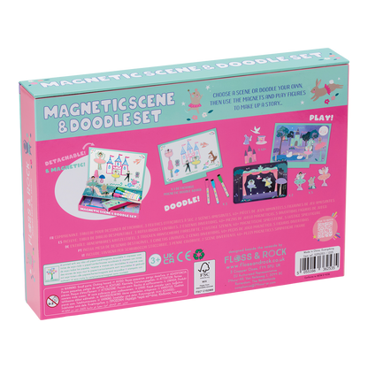 Box for a magnetic scene and doodle set with illustrations of scenes and tools on a white background.