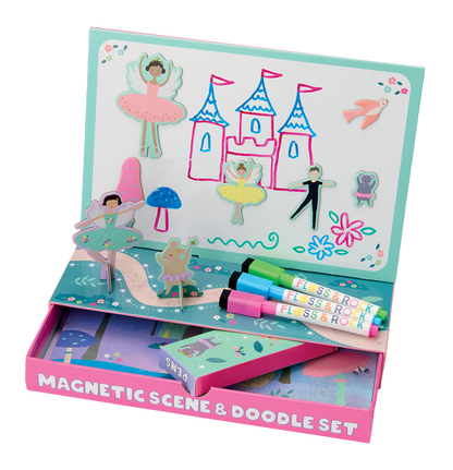 Magnetic scene and doodle set with colorful illustrations and markers on a white background