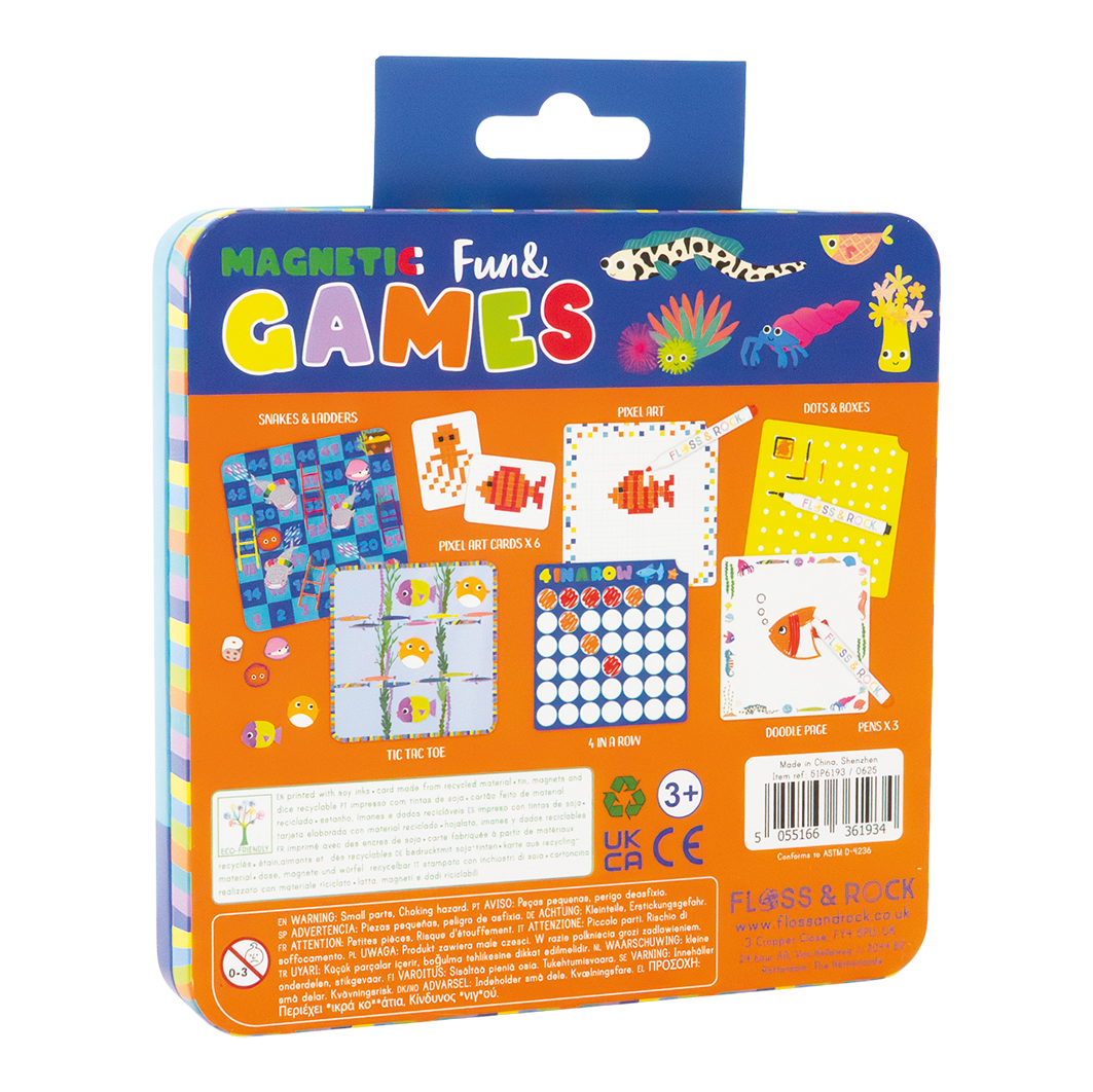 Packaging of Magnetic Fun & Games with colorful design and images of game pieces.