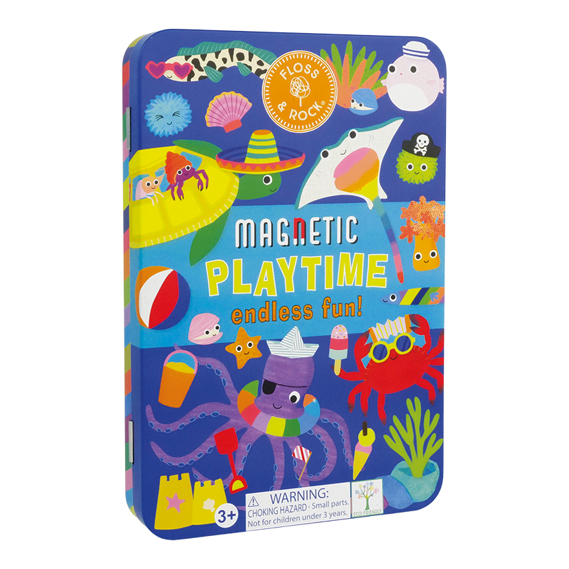 Colorful packaging of a magnetic playtime toy set with various sea-themed illustrations on a white background.