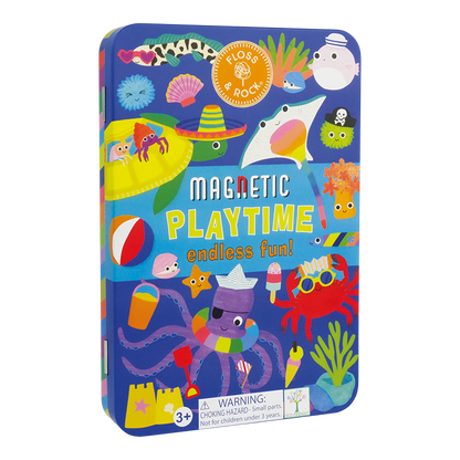 Colorful packaging of a magnetic playtime toy set with various sea-themed illustrations on a white background.
