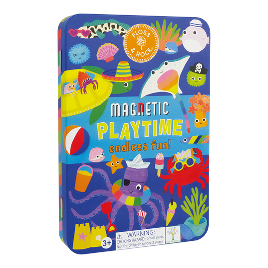 Colorful packaging of a magnetic playtime toy set with various sea-themed illustrations on a white background.