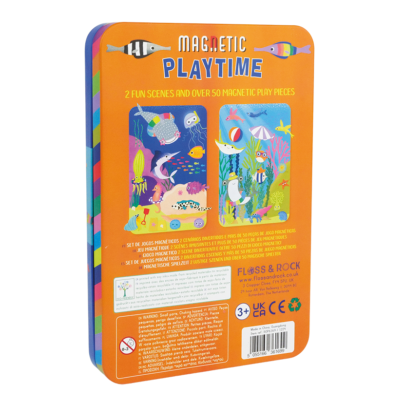 Magnetic playtime toy packaging with colorful illustrations on an orange background
