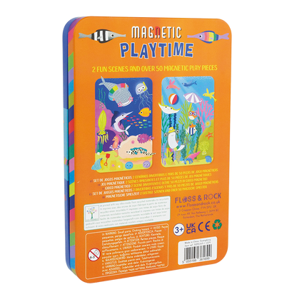 Magnetic playtime toy packaging with colorful illustrations on an orange background