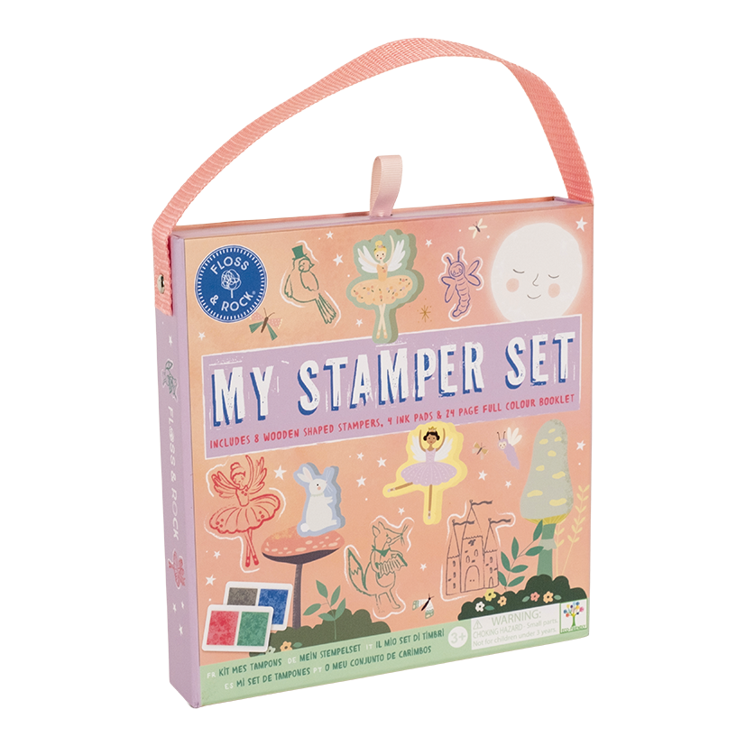 Children's stamp set packaging with illustrations and 'Floss & Rock' branding.