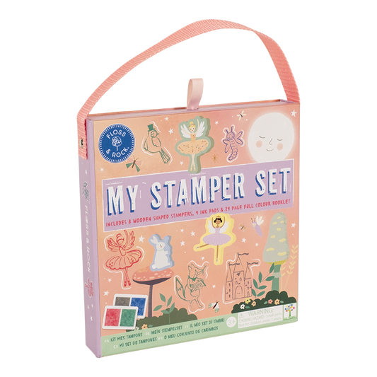 Children's stamp set packaging with illustrations and 'Floss & Rock' branding.