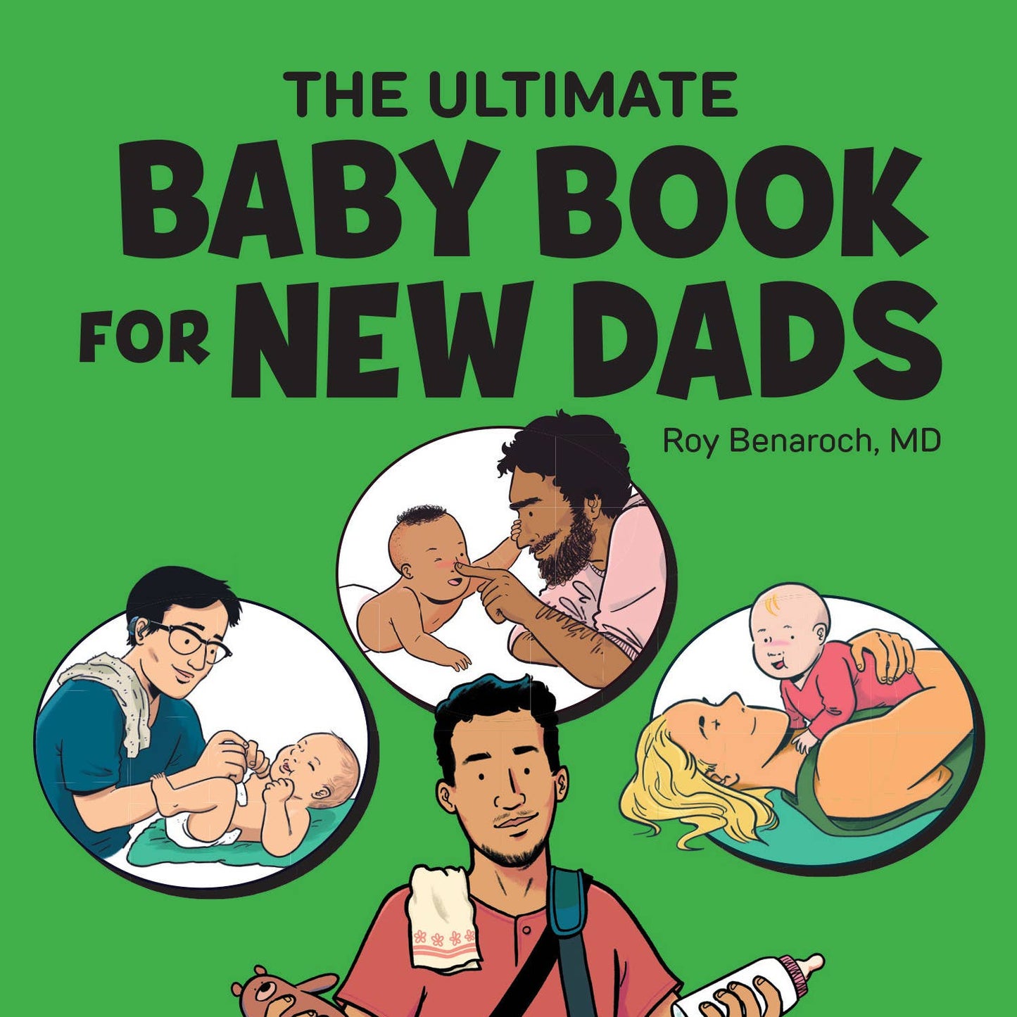 Book cover of 'The Ultimate Baby Book for New Dads' with illustrations and text on a green background