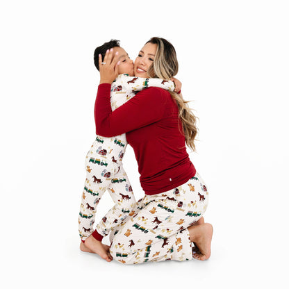 Mother and child in matching On the Farm bamboo pajamas, soft breathable lounge pants with farm print, perfect for family matching sets.