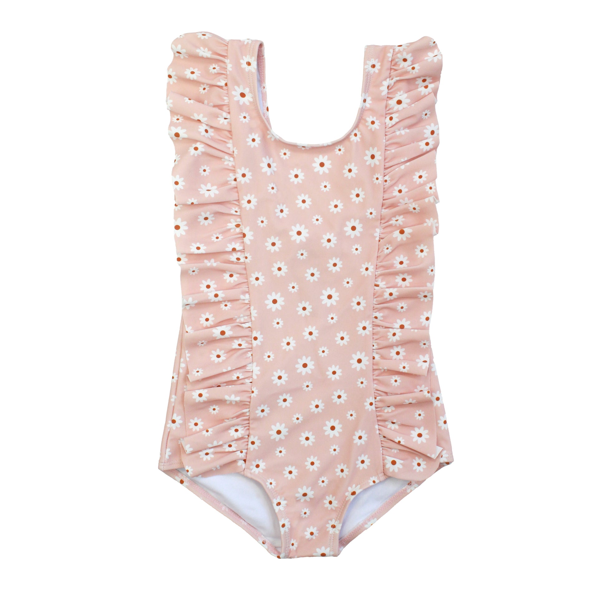 Pink floral one-piece swimsuit on a white background
