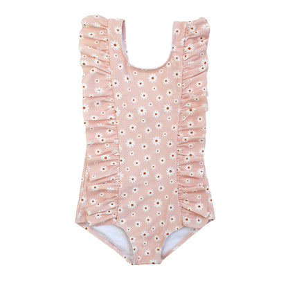 Pink floral one-piece swimsuit on a white background
