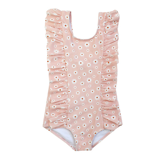 Pink floral one-piece swimsuit on a white background