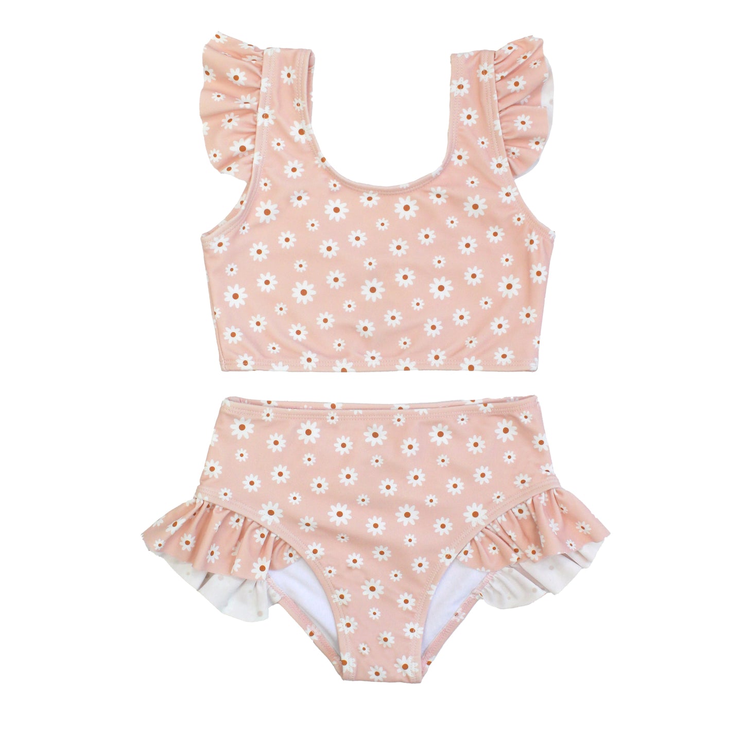 Two-piece swimsuit with floral pattern on a white background