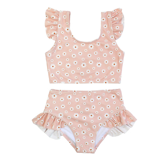 Two-piece swimsuit with floral pattern on a white background