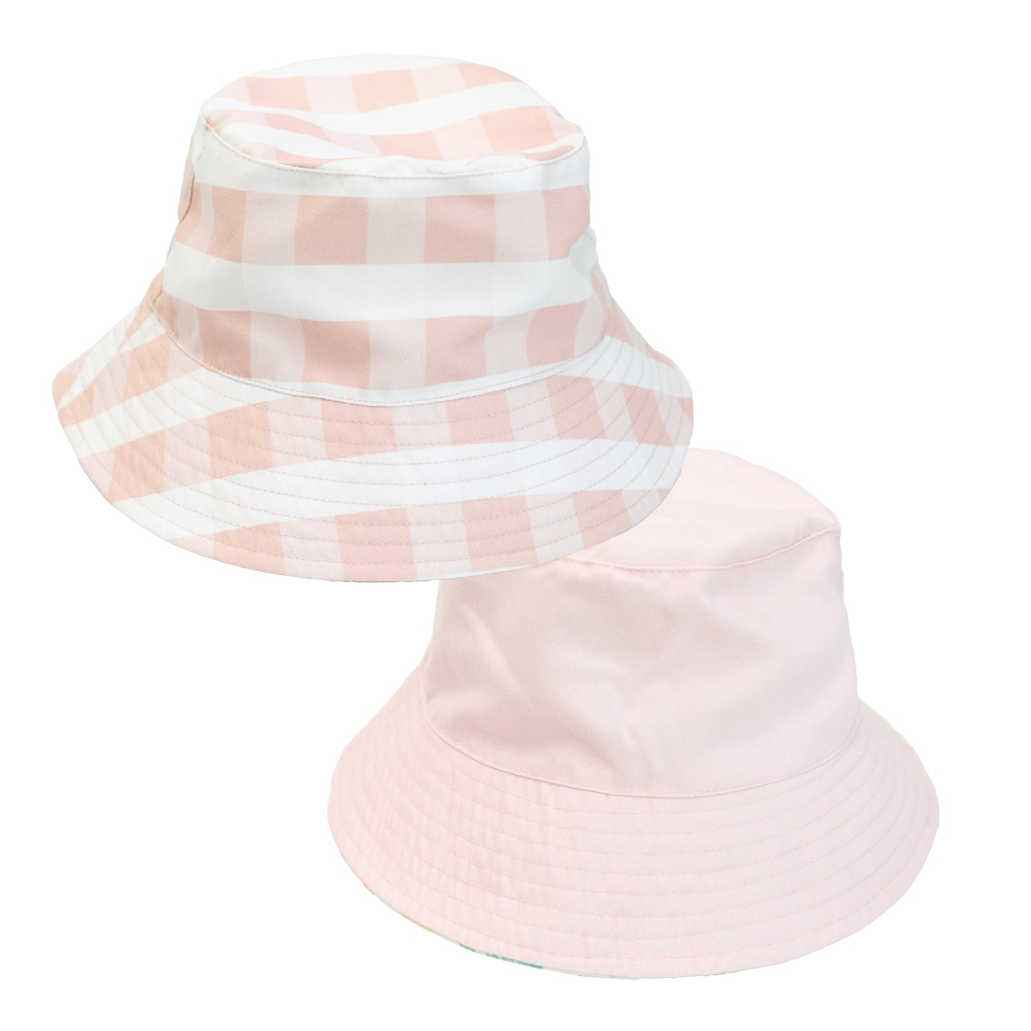 Two pink bucket hats with white stripes on a white background