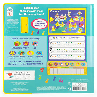 Back cover of a children's educational toy with music notes and nursery rhyme text.