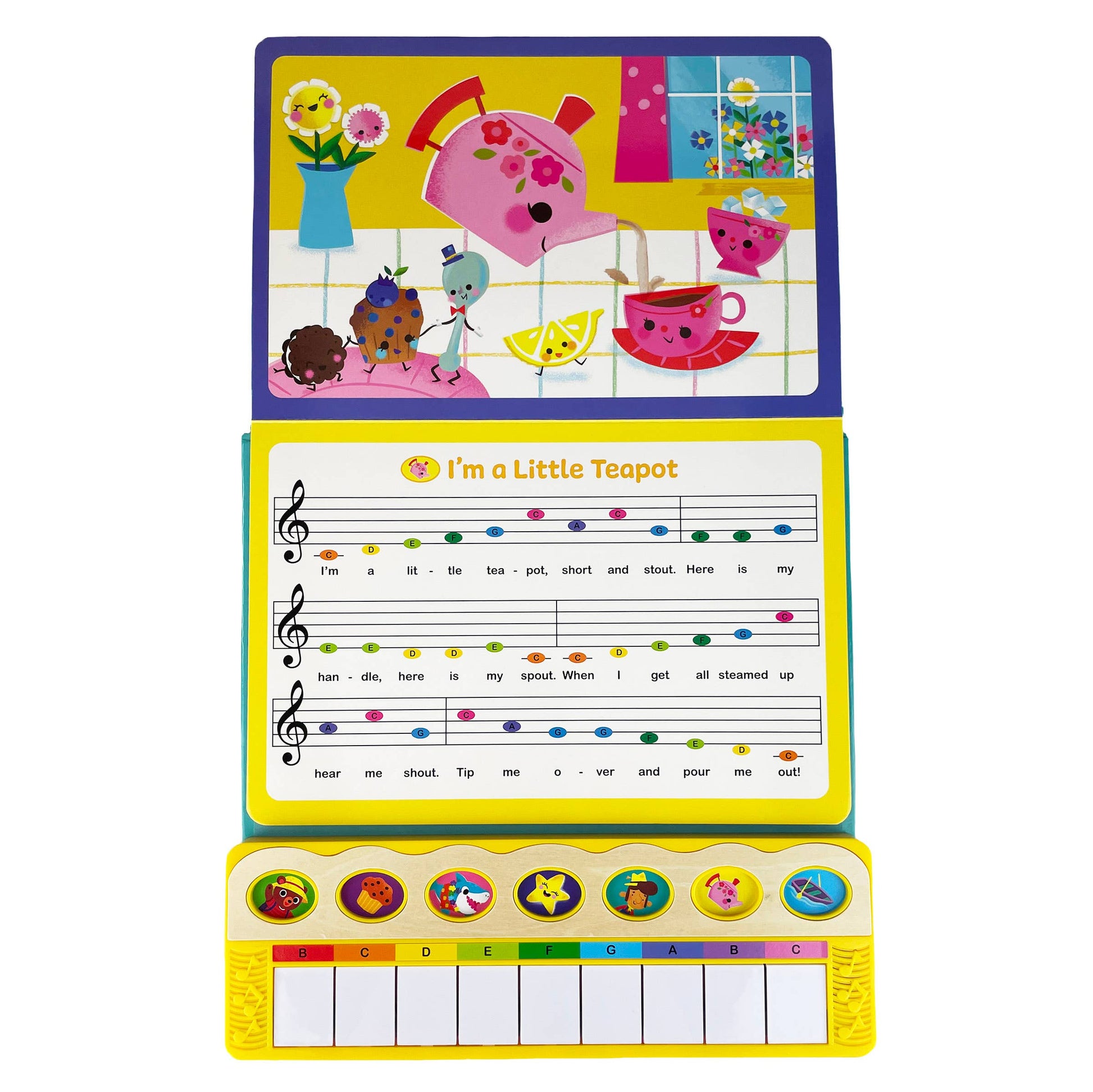 Children's educational toy with music notes and lyrics on a white background