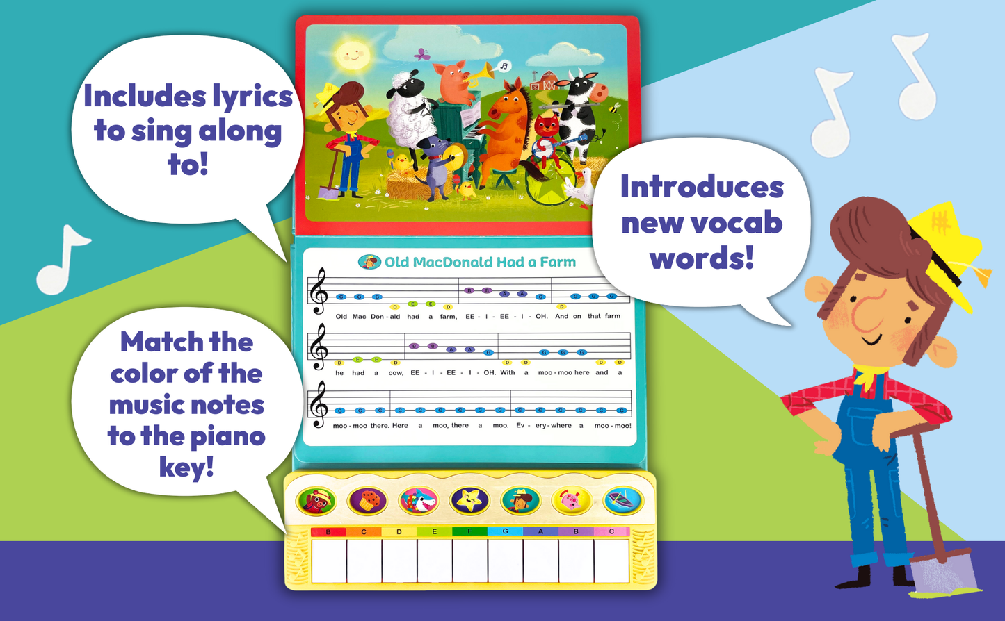 Educational children's book with music notes and a character in a hat and overalls.
