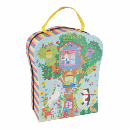 Colorful toy box with cartoon design and 'Floss & Rock' branding on a white background