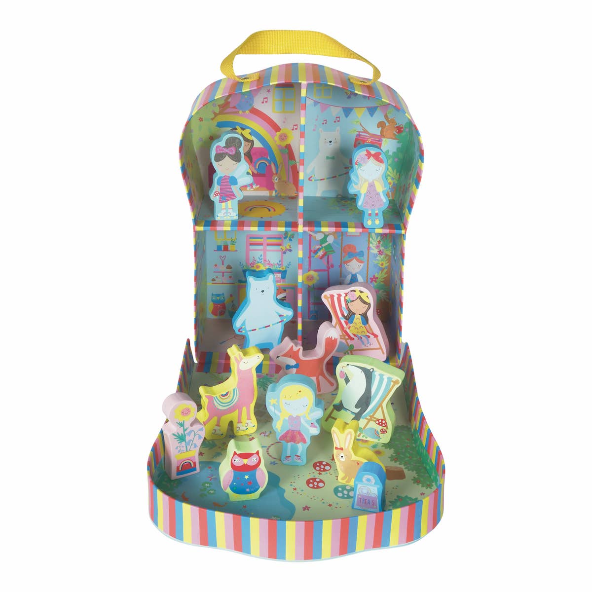 Colorful toy set with characters and a house-like structure on a white background