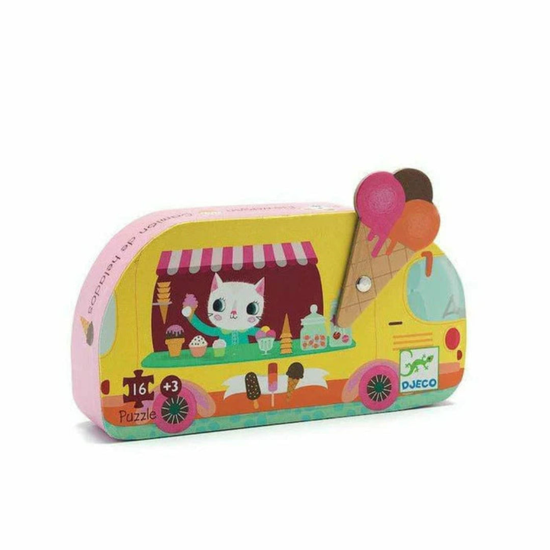 Colorful ice cream truck-shaped puzzle box with a cartoon cat and ice cream cones on a white background.