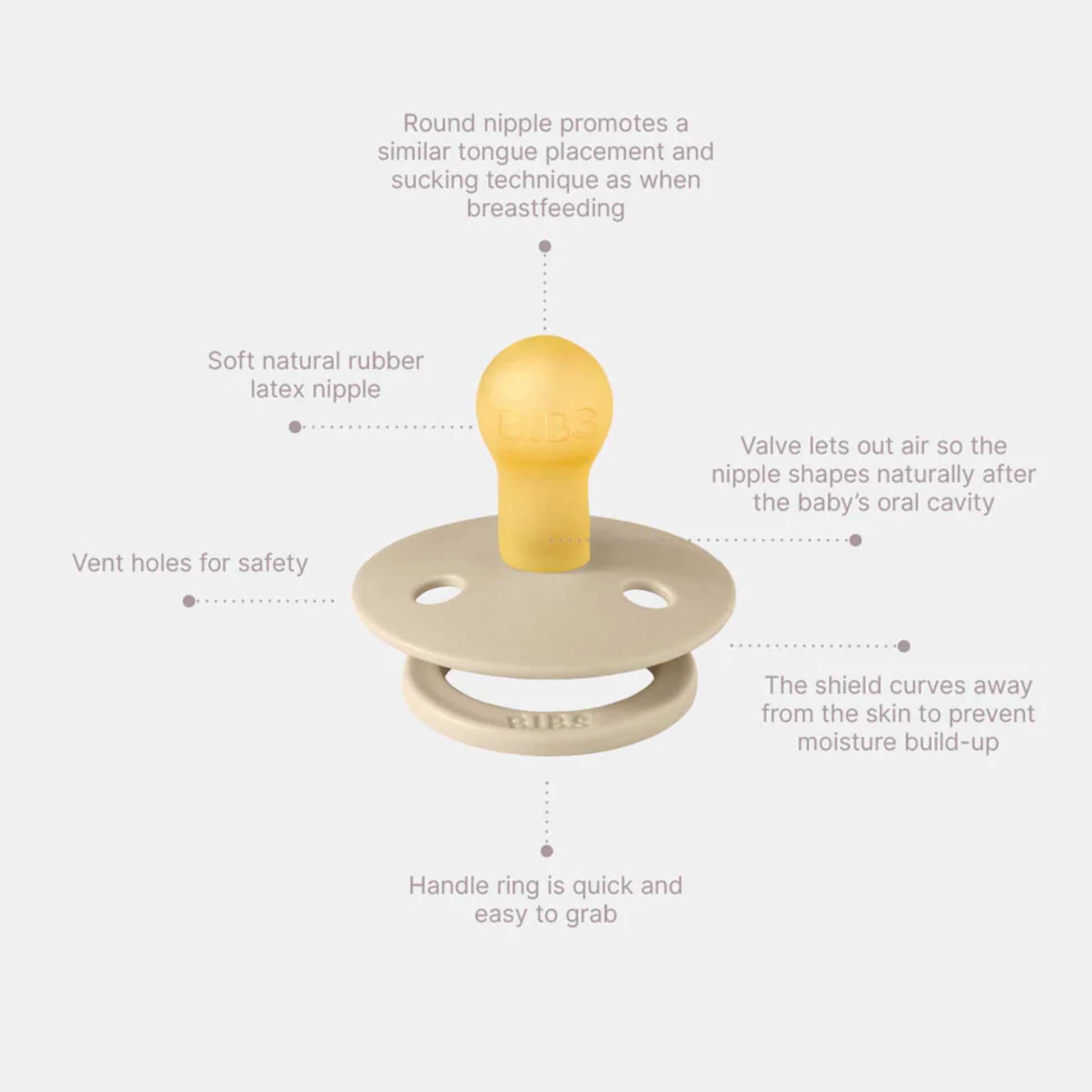Baby pacifier with text detailing its features on a white background