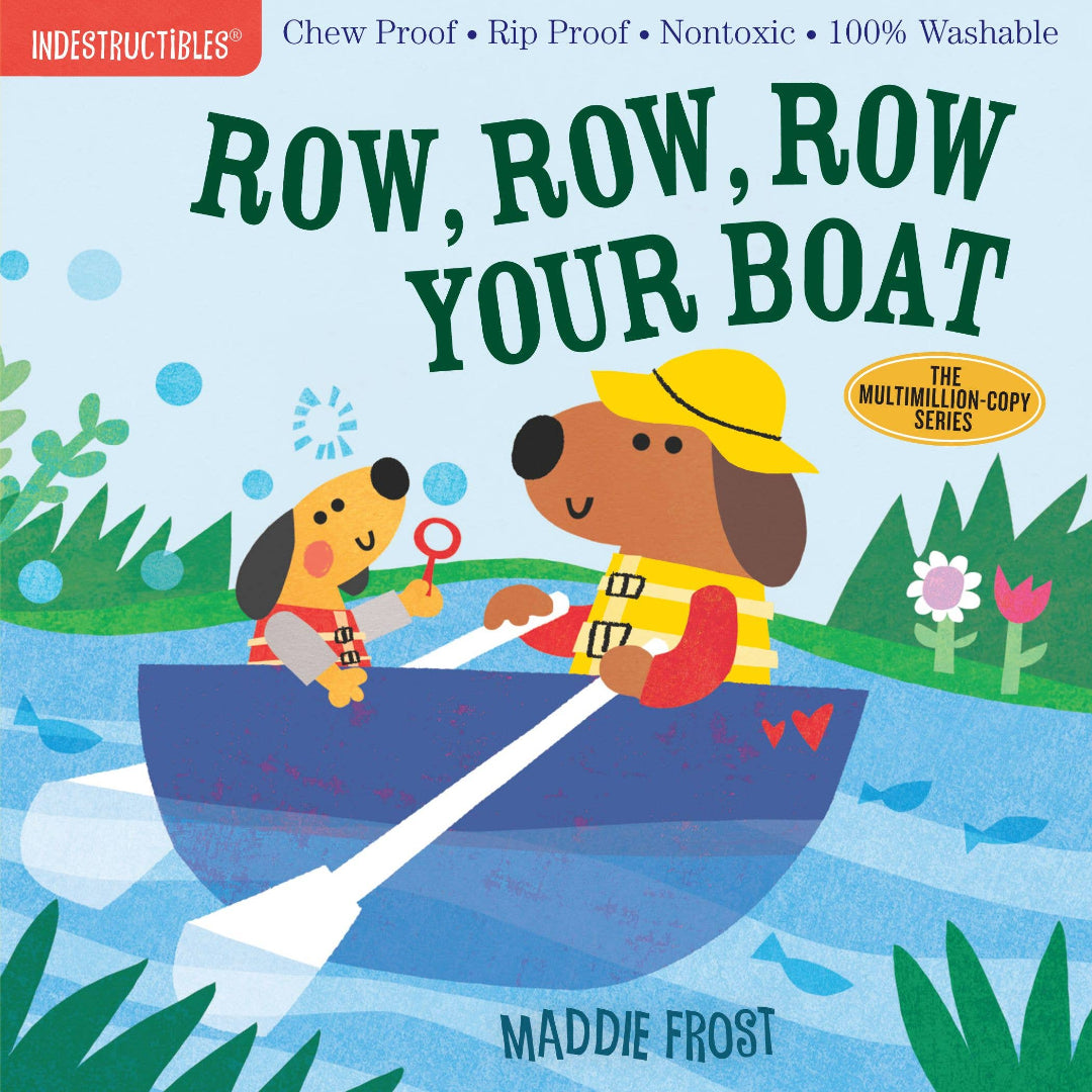 indestructible book with 2 dogs paddling a boat on the cover