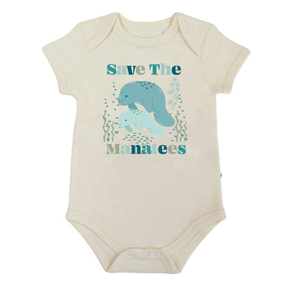 Save the Manatees cotton baby bodysuit in a flat lay, featuring a soft, eco-friendly design with a cute manatee print for babies.
