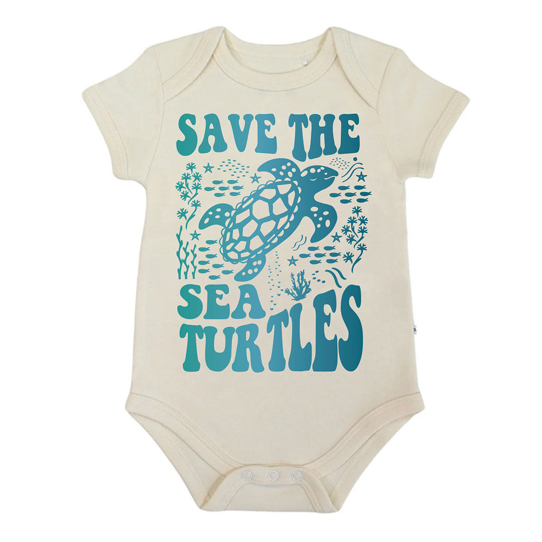 Our Save the Sea Turtle Cotton bodysuit flat lay in a white background. 